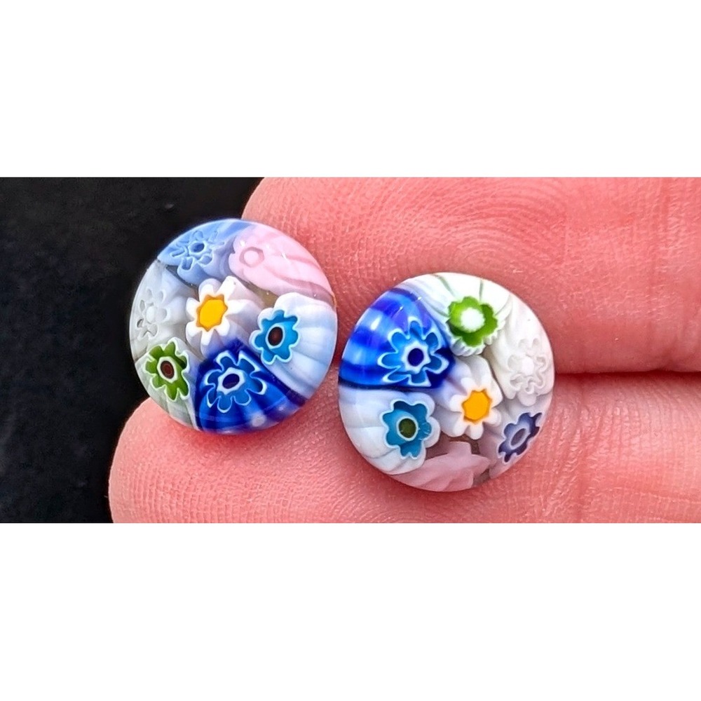Millefiori Glass Stud Earrings Blue Pink Floral Mosaic Round Button Post